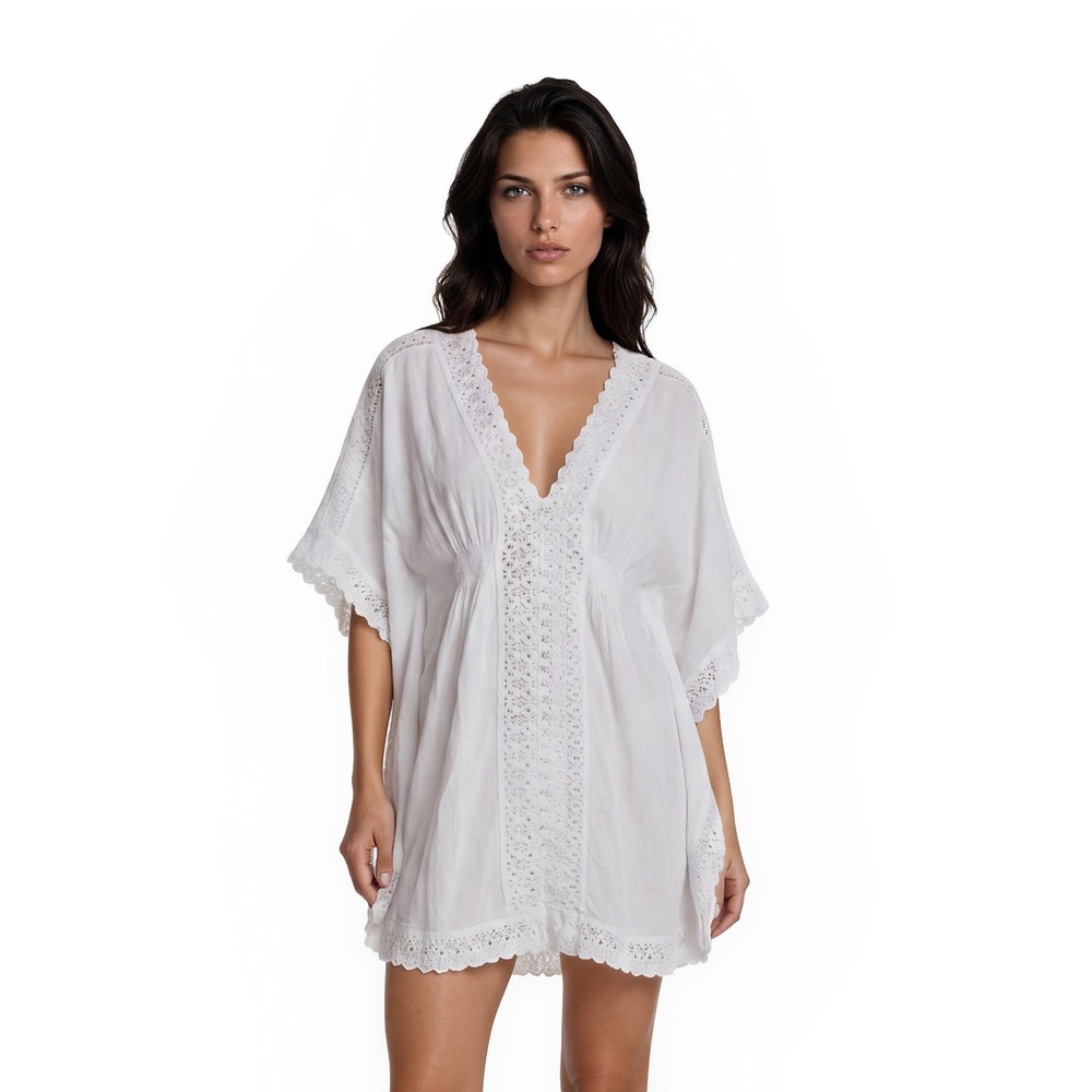 Surf Style Swim Cover Up Womens Size Small White 100% Cotton Crochet Lace Dolman
